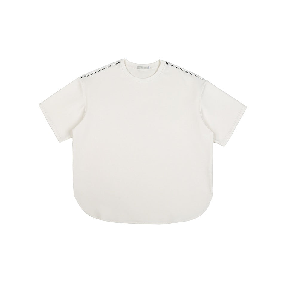 White short-sleeve crew neck T-shirt flat lay with curved hem and dark stitching along the shoulders