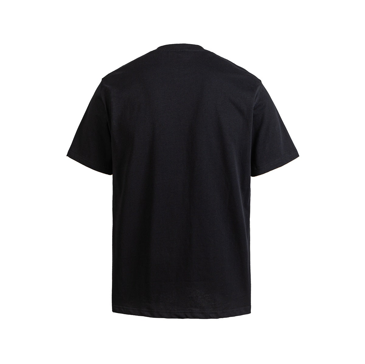 Back view of a plain black short-sleeve crew neck T-shirt