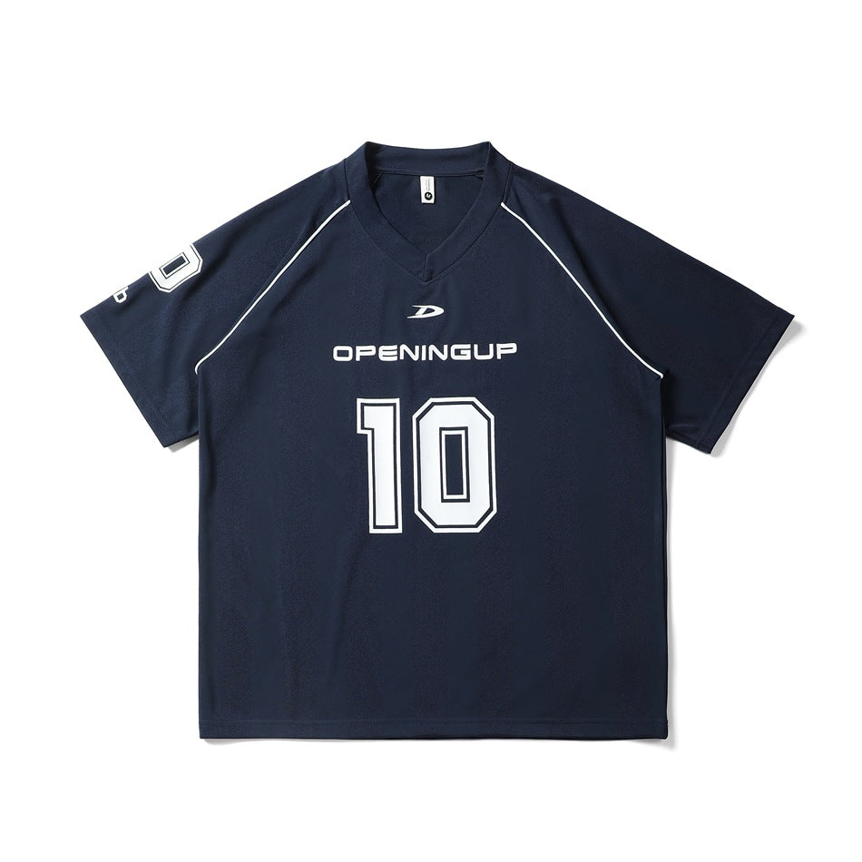 Navy short-sleeve V-neck jersey-style tee with white piping and large white number 10 print, flat lay front view