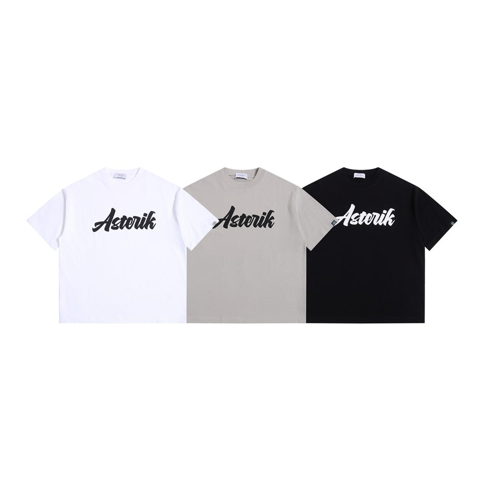 Three short-sleeve crew-neck T-shirts shown from the front in white, light gray, and black, each with script chest lettering.