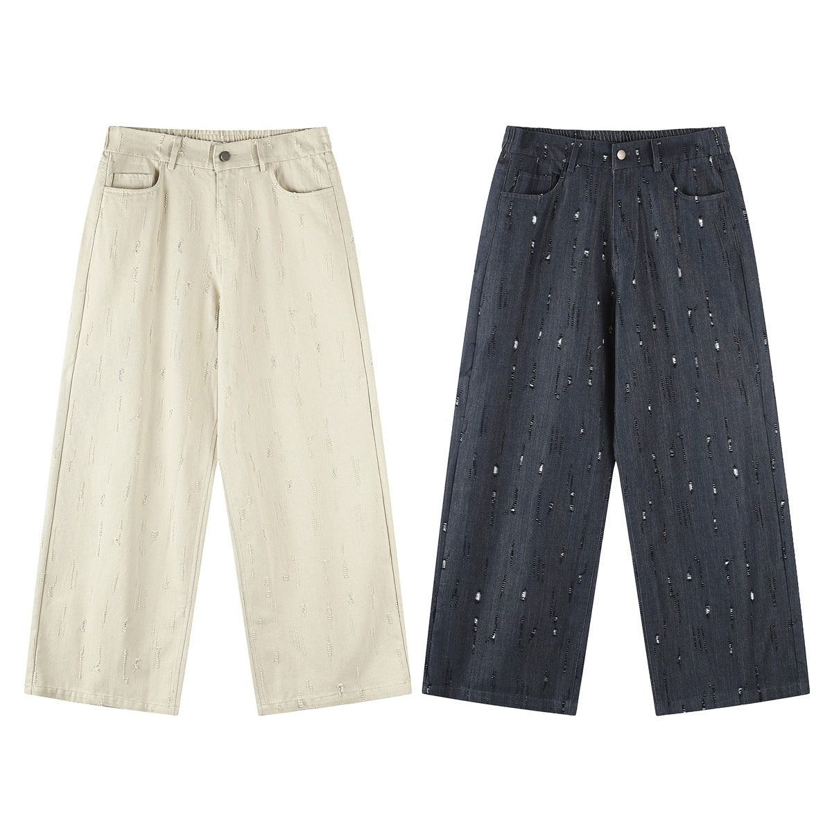 Front views of wide-leg trousers in light beige and dark charcoal, both with scattered linear details.