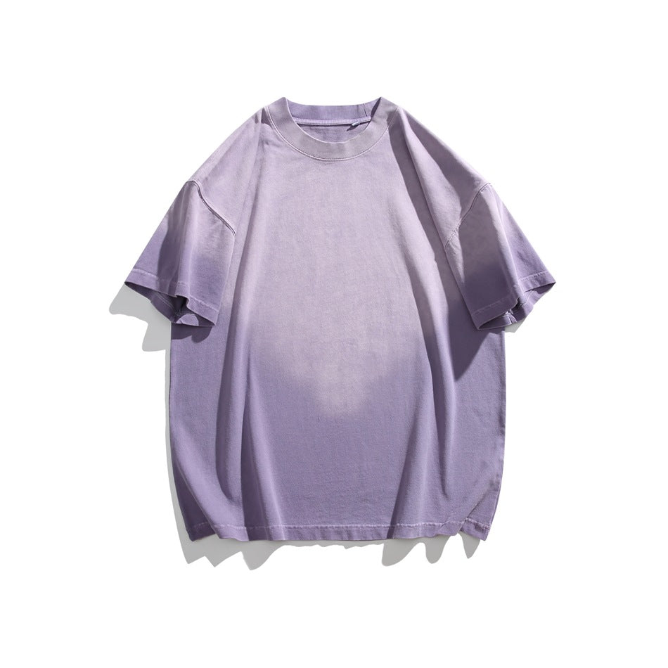 Light purple crewneck short-sleeve T-shirt with faded gradient wash, flat lay front view