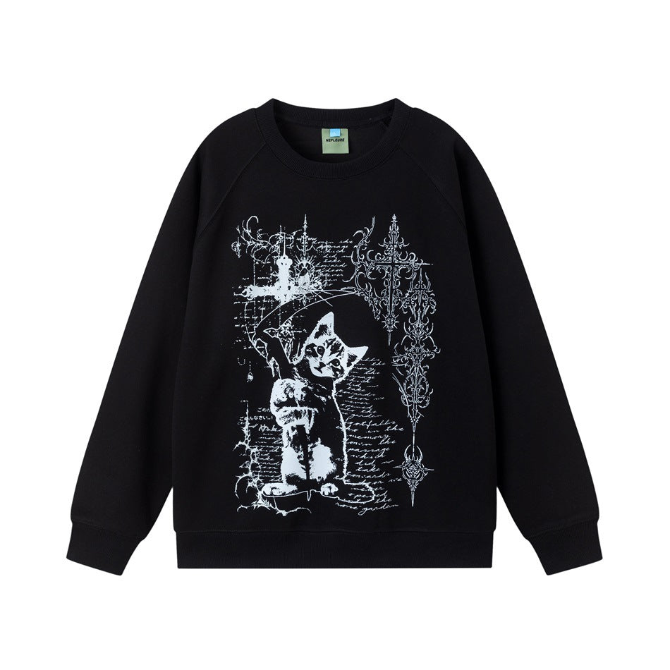 Black crewneck sweatshirt with white cat and ornate cross graphic on the front