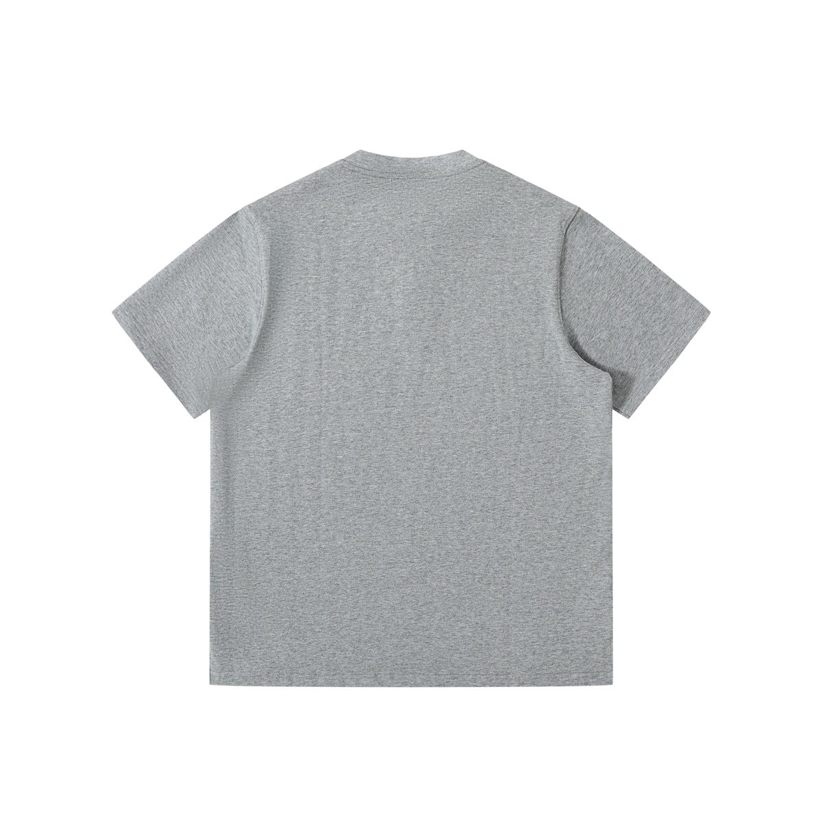Back view of a plain heather gray short-sleeve T-shirt with a crew neckline.