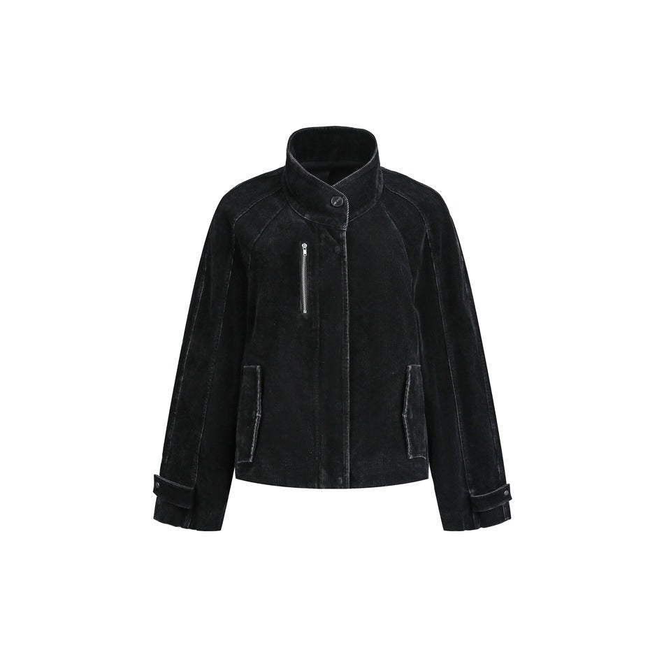 Black washed corduroy stand-collar short jacket, front view, with chest zip pocket and tab cuffs