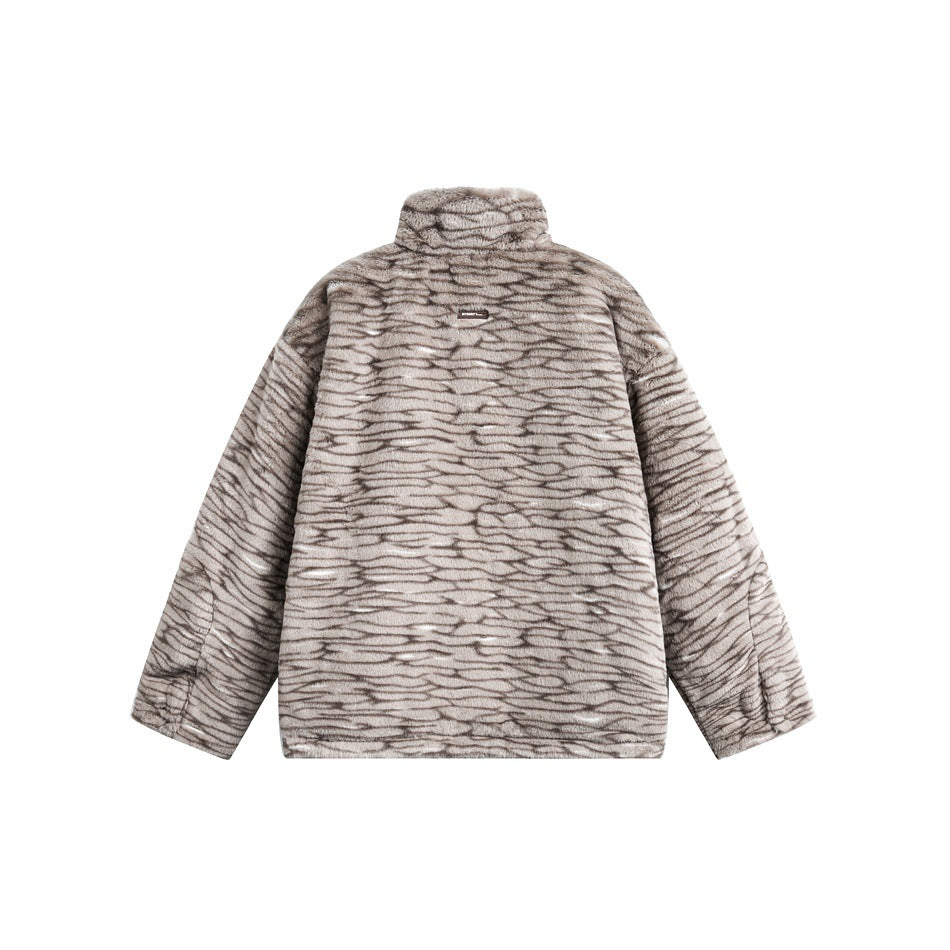 Back view of a gray-and-brown patterned plush jacket with a stand collar and a small upper-back label.