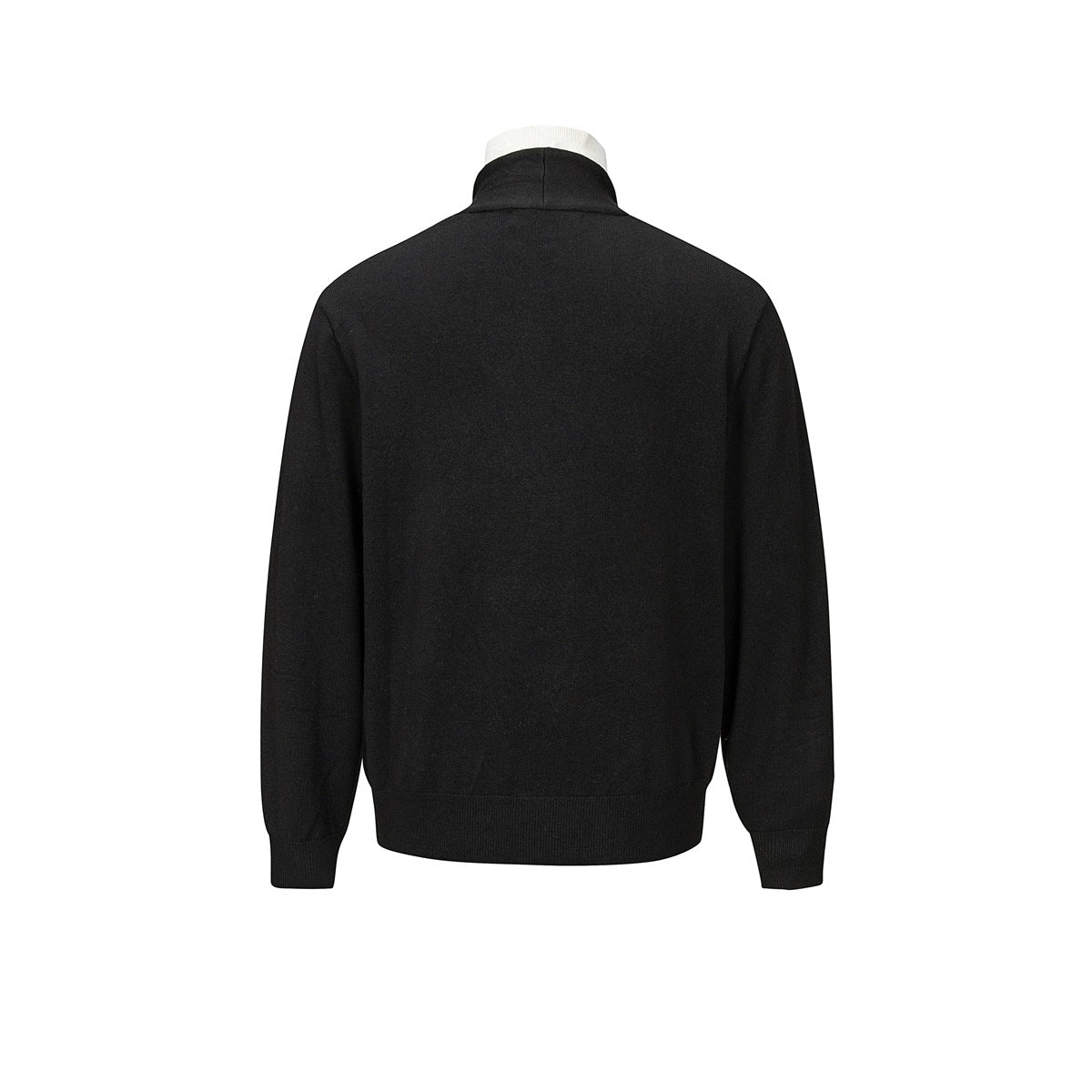 Back view of a black cardigan with long sleeves, ribbed cuffs and hem, and an ivory collar visible above it.