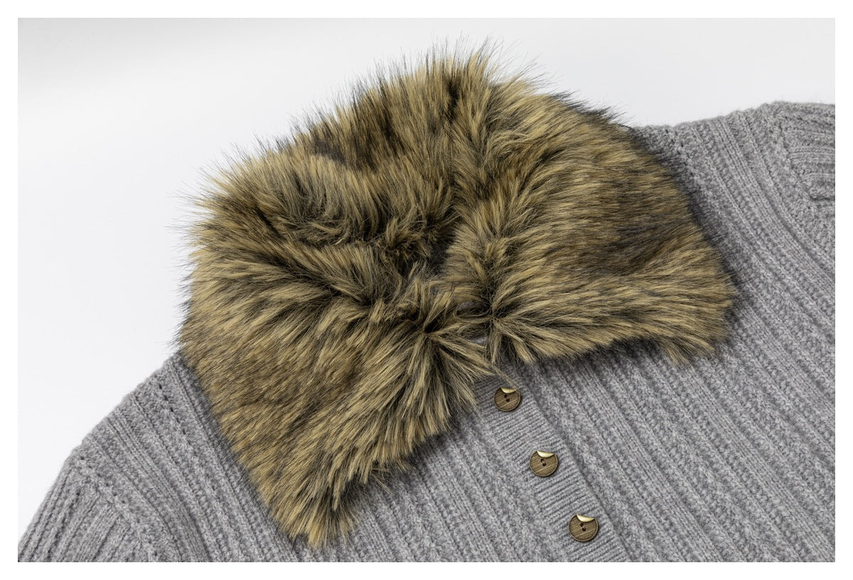 Close-up of a gray rib-knit sweater with a thick brown faux-fur collar and front buttons.