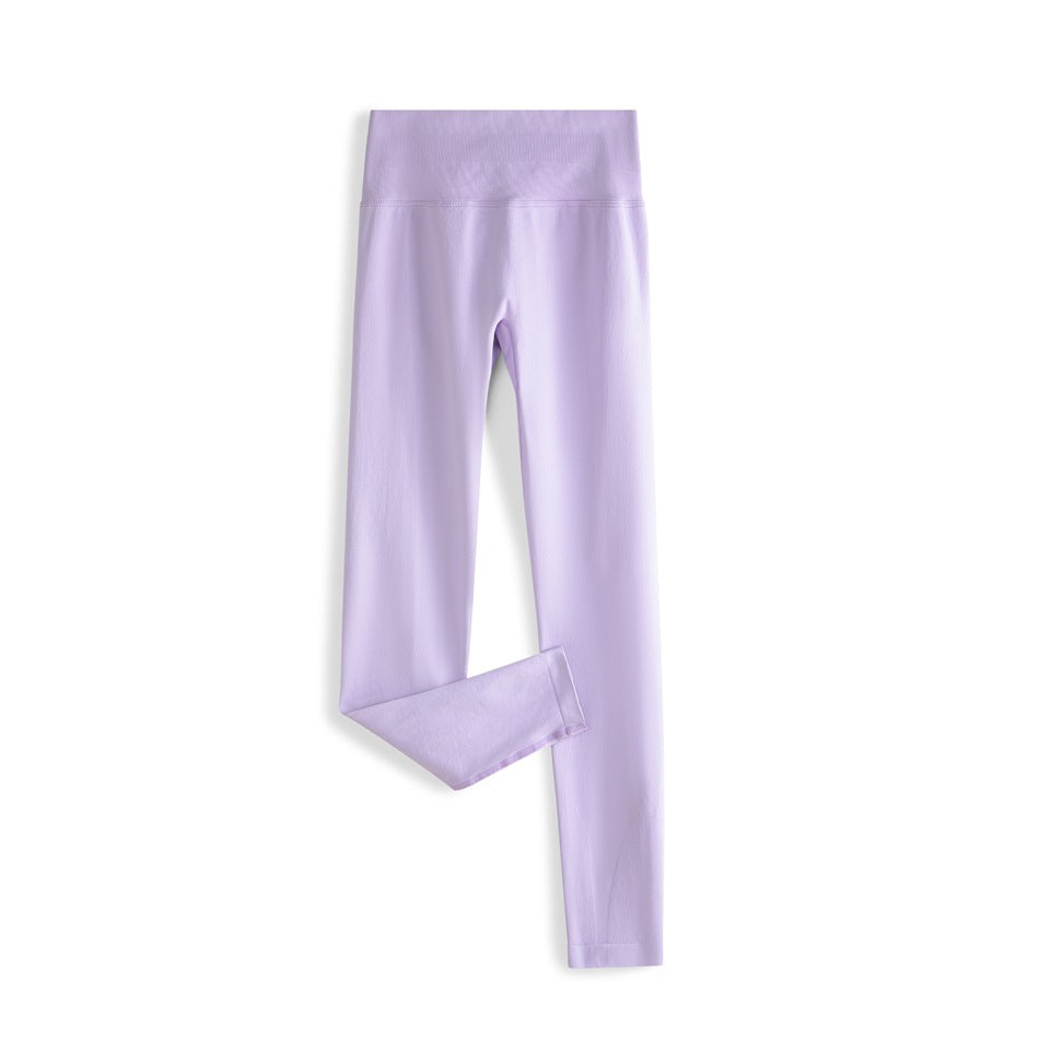 Light lilac high-waisted ankle-length leggings laid flat with one leg folded