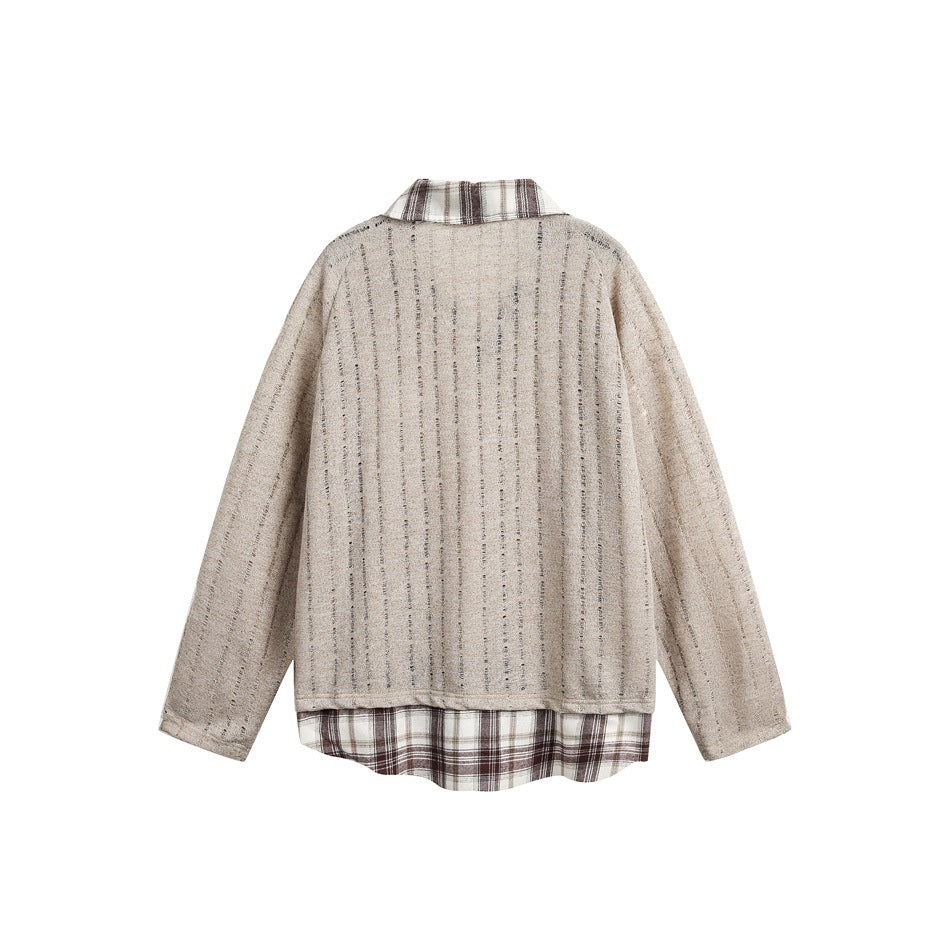 Back view of a beige textured long-sleeve top with fine vertical stripes and brown plaid collar and hem accents.