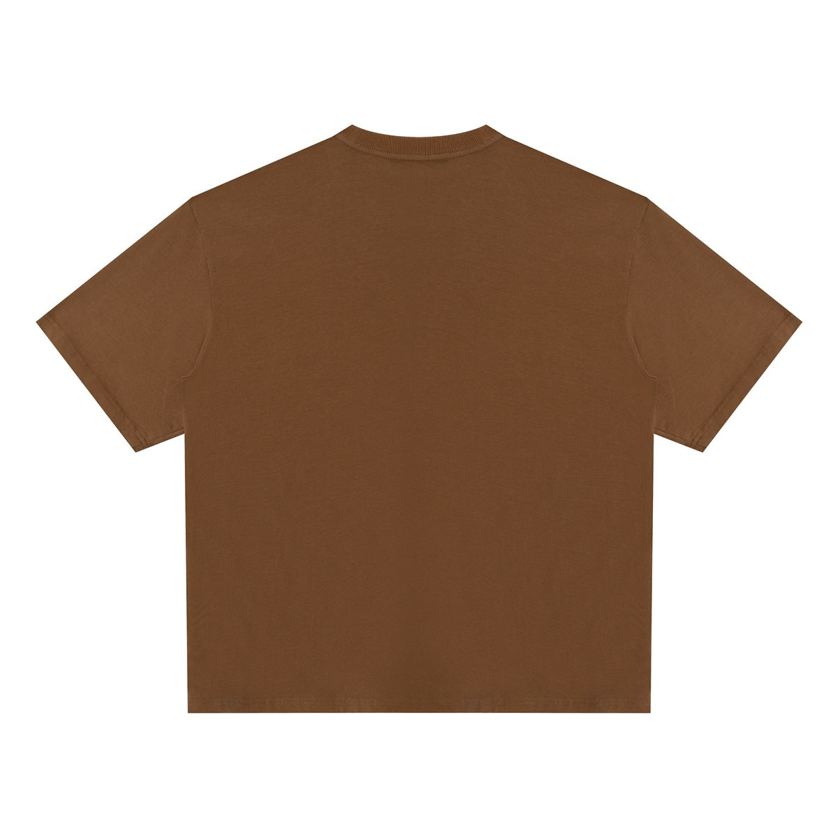 Back view of a plain brown short-sleeve crew-neck T-shirt laid flat.