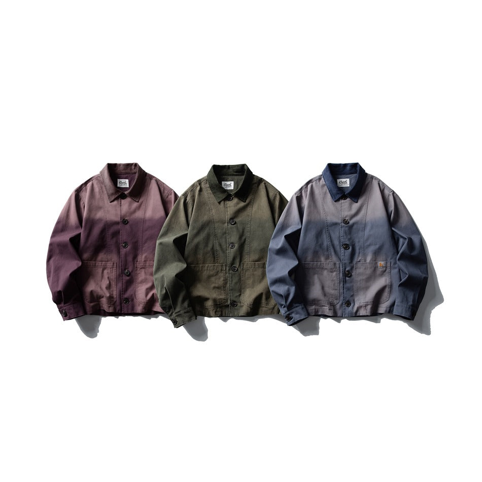 Three button-front jackets with collars and two patch pockets, shown in plum, olive, and gray-blue.