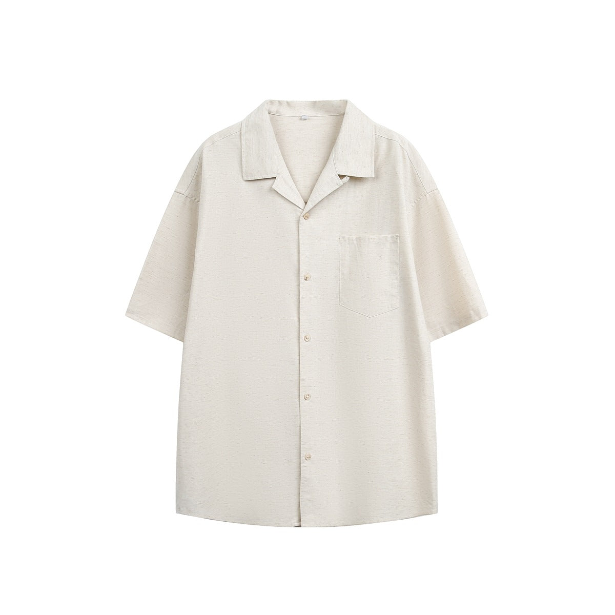 Beige short-sleeve camp collar shirt with slub texture, flat front view with chest pocket