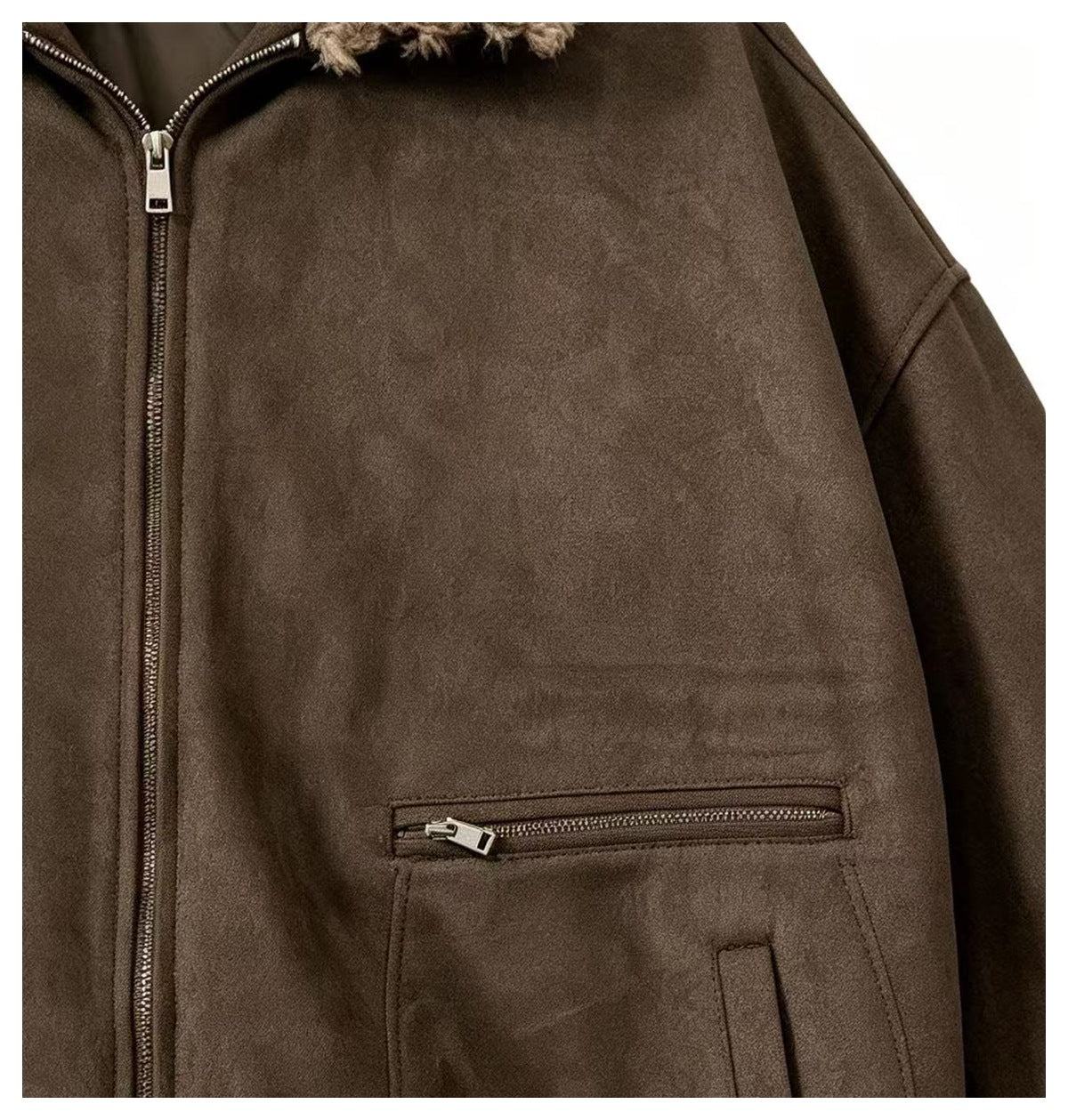 Close-up of a brown jacket showing a zippered pocket, front zipper, and plush trim at the collar.