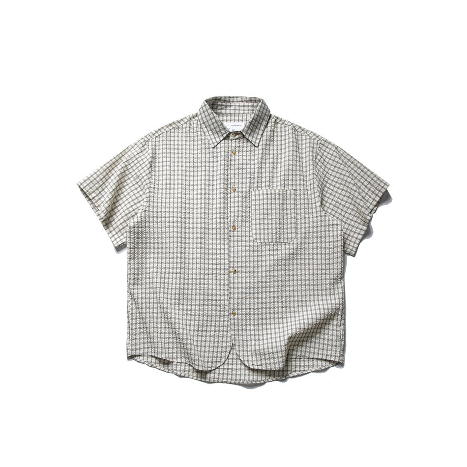 Beige and gray small-check short-sleeve button-up shirt with chest pocket, flat lay front view