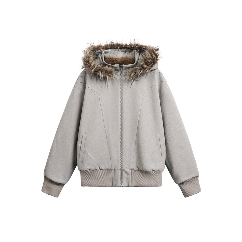 Light khaki zip-up jacket with fur-like trimmed hood, ribbed cuffs and hem, and slanted front pockets, flat lay