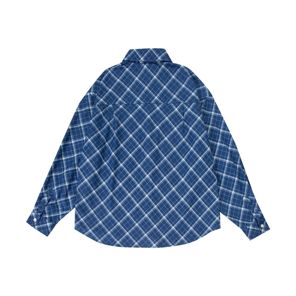 Back view of a blue and white plaid button-up shirt with long sleeves and a curved hem on white.