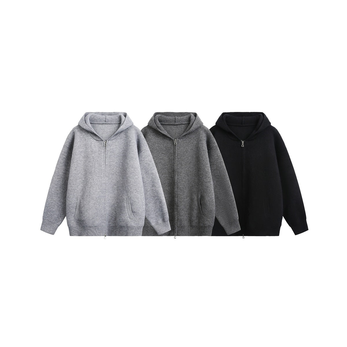 Three hooded zip cardigans shown together in light gray, charcoal gray, and black.