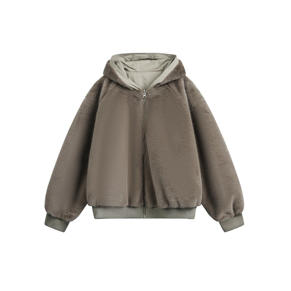 Front view of a taupe fuzzy zip-up jacket with a hood, pale lining, and ribbed cuffs and hem.