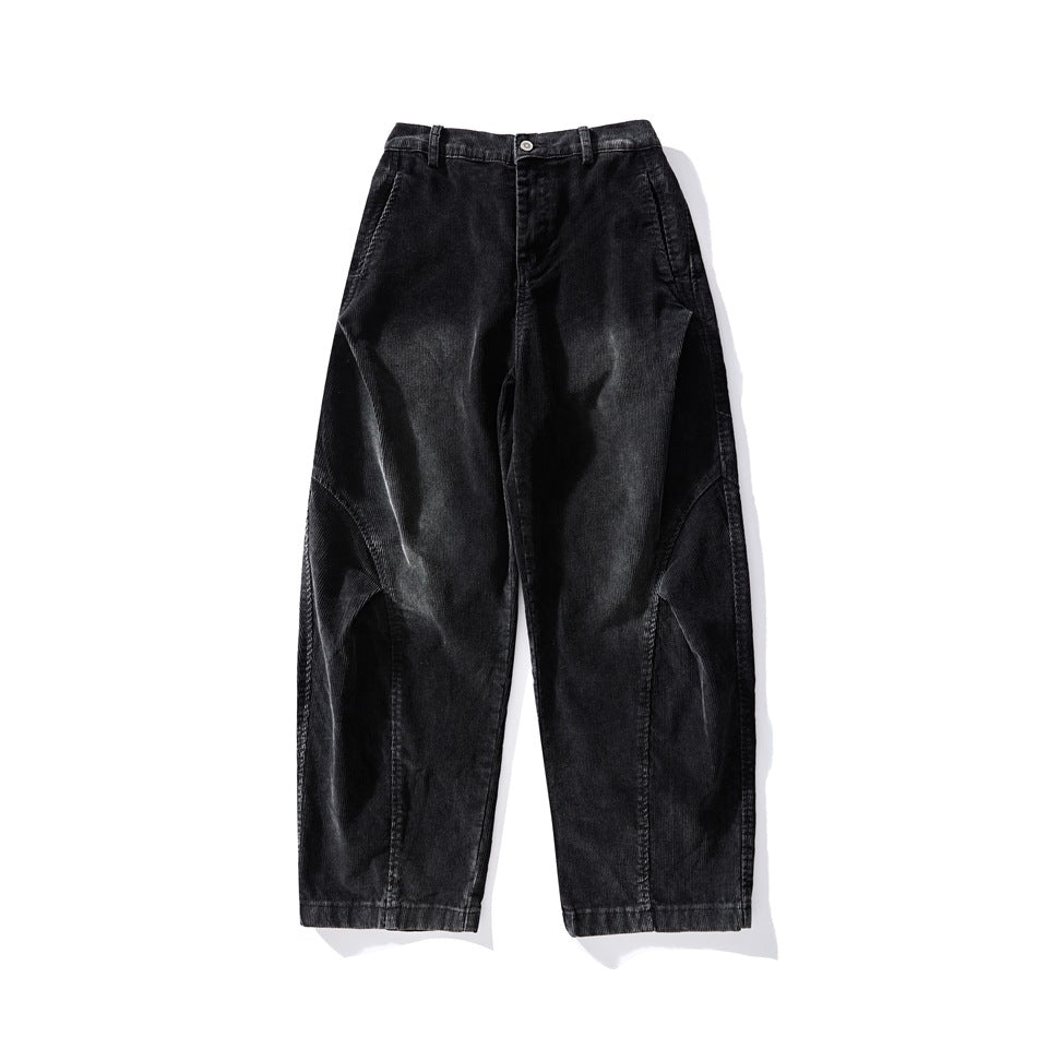 Black faded corduroy-style wide-leg pants, front flat lay with button closure and side pockets