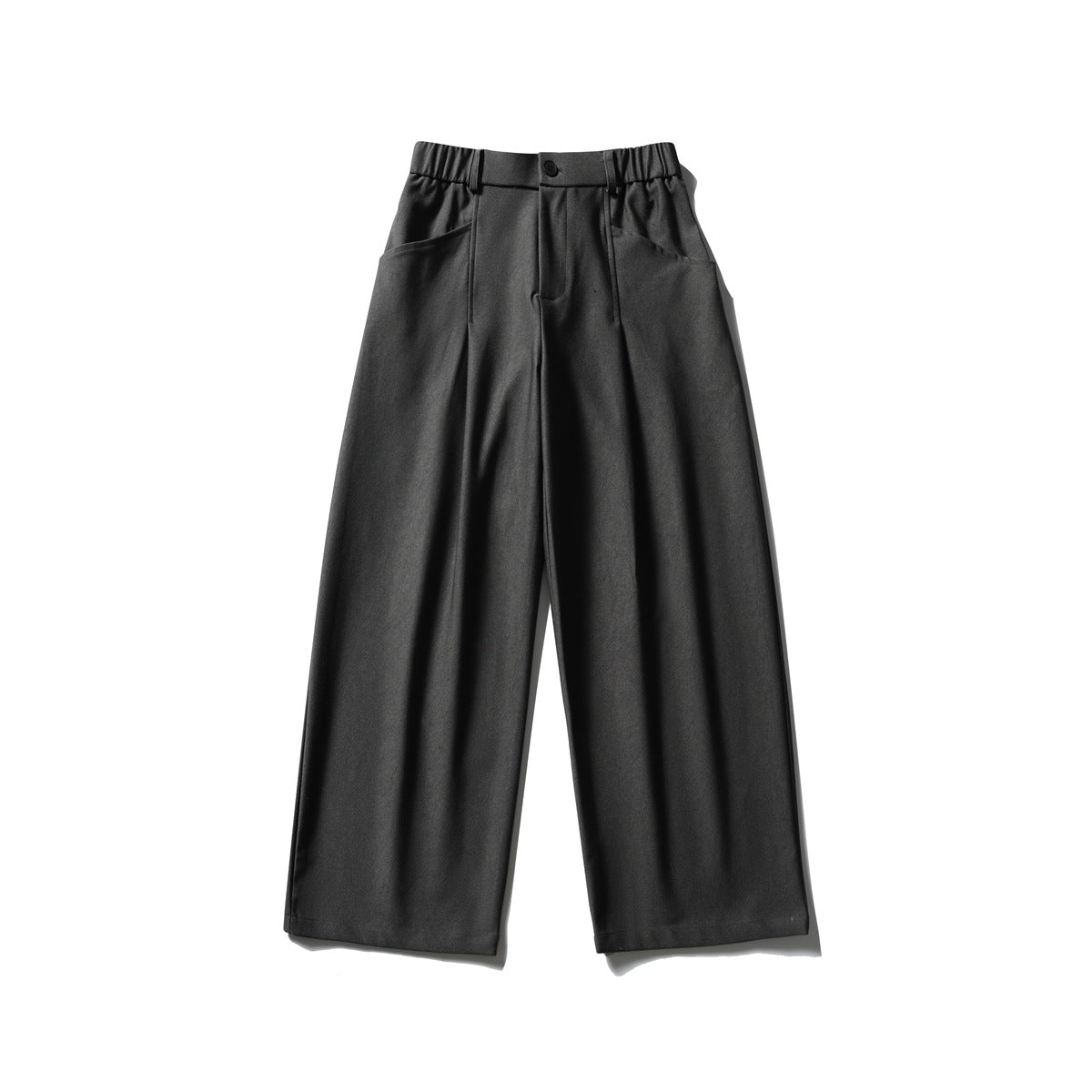 Dark gray wide-leg pleated trousers with elastic waistband and button, front flat lay