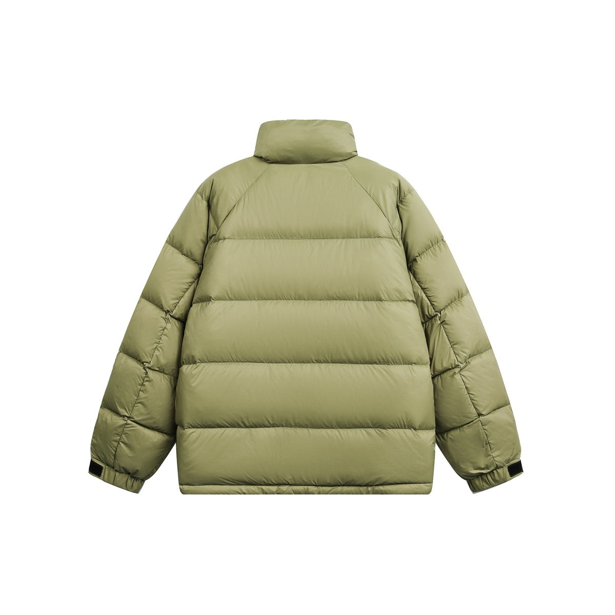 Back view of an olive-green quilted puffer jacket with a high collar and black cuff tabs.