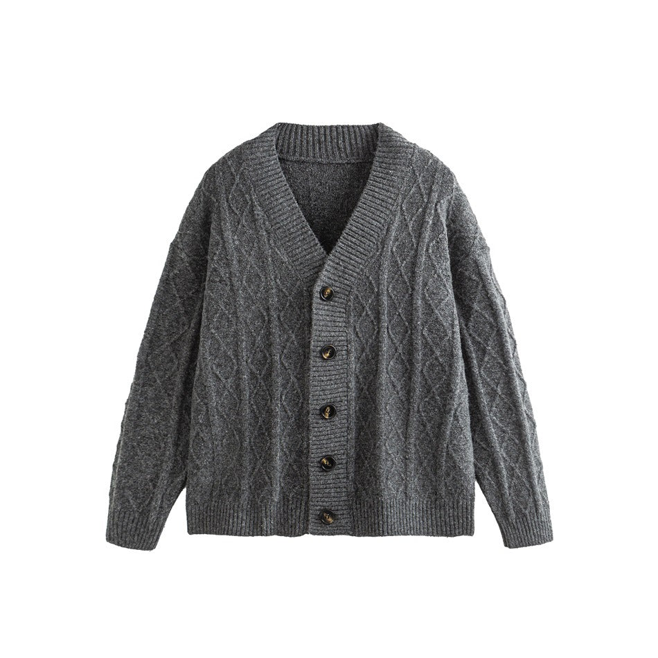 Dark gray V-neck button-front cardigan with diamond cable-knit texture and dark buttons, flat lay