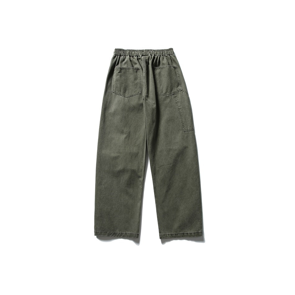 Army green straight-leg pants back view with elastic waistband, two patch back pockets and side leg patch pocket