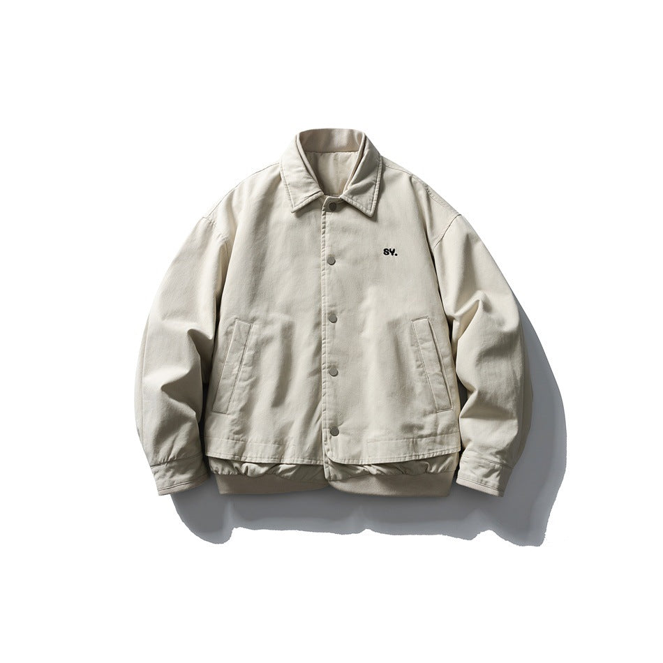 Off-white collared snap-front jacket with slash pockets and ribbed layered hem, flat front view