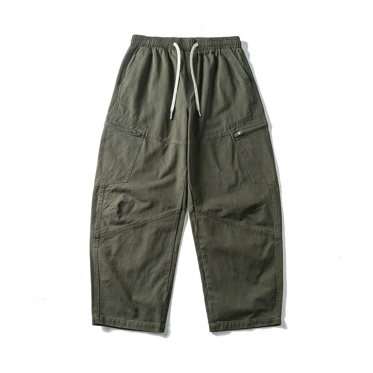 Army green wide-leg cargo pants with white drawstring, zip side cargo pockets and paneled knee seams, flat lay