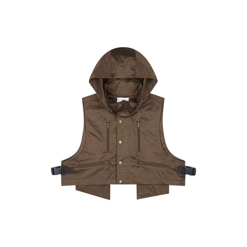 Brown hooded utility vest flat lay with snap front, zippered pockets and black side buckles