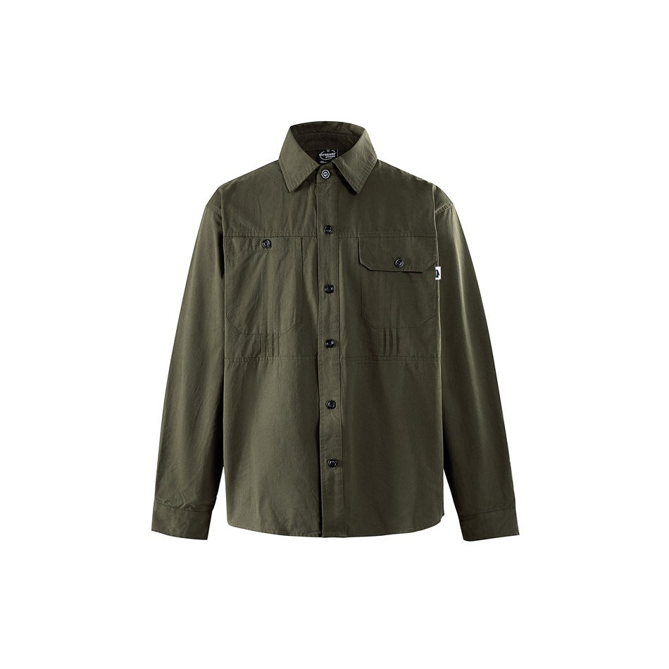 Army green long-sleeve button-front shirt with chest pockets and black buttons, front view on white background