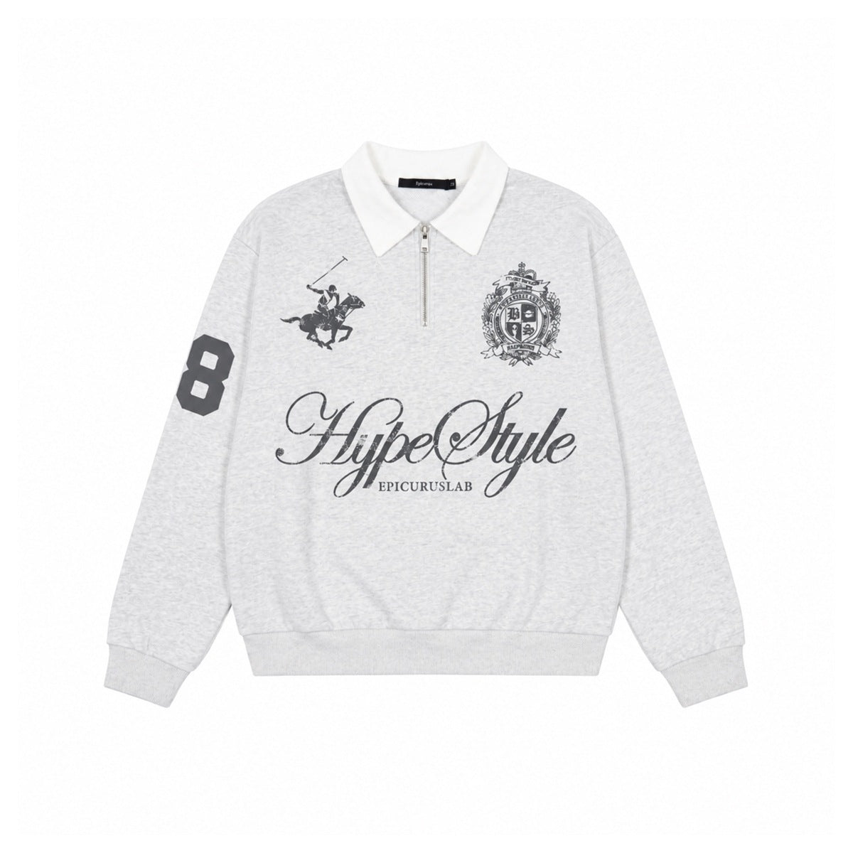 Heather gray half-zip polo-collar sweatshirt with white collar, gray crest, polo-rider and script Hype Style print
