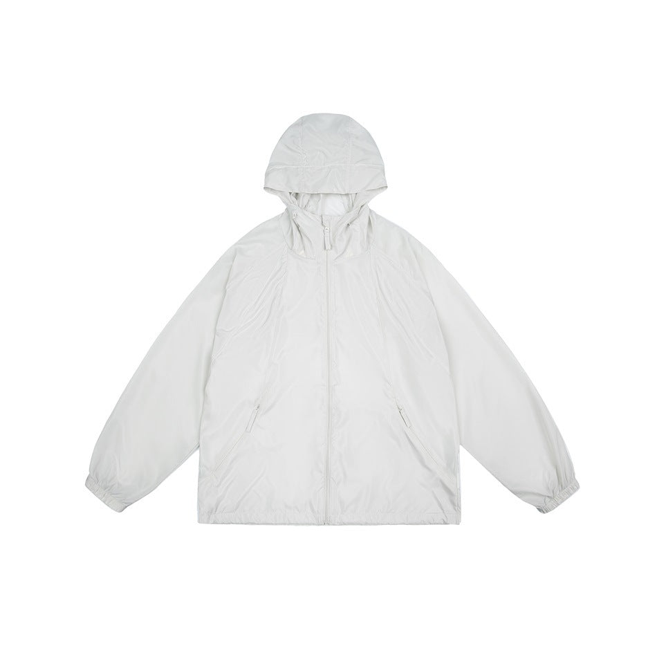 Front view of a white hooded jacket with a full-length zipper, two zip pockets and elastic cuffs.