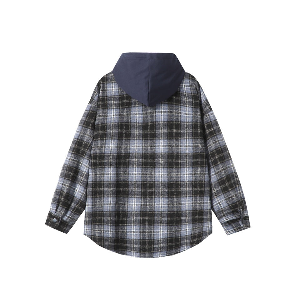 Back view of blue and black plaid jacket with navy hood and snap cuffs