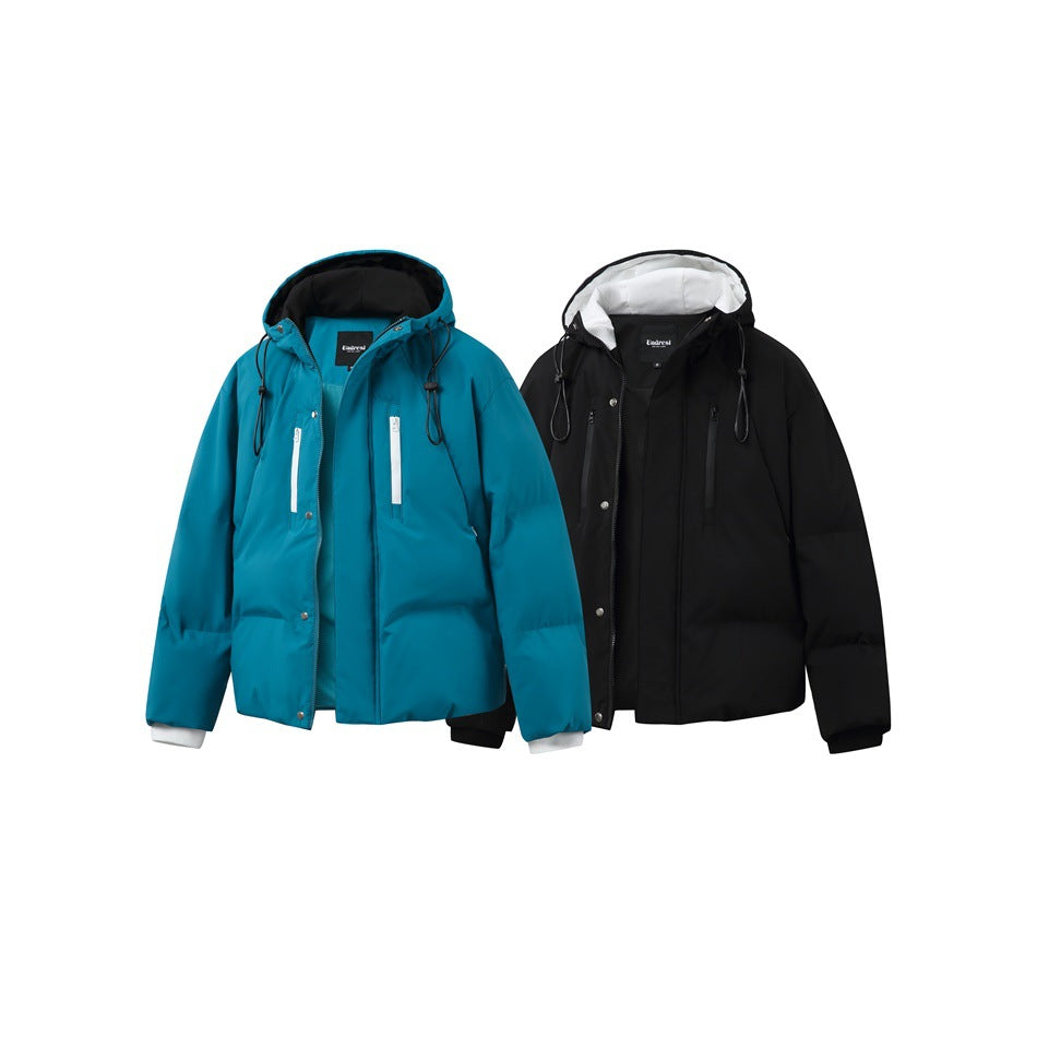 Teal and black hooded padded jackets shown from the front; both have contrasting pocket zippers and drawcords.
