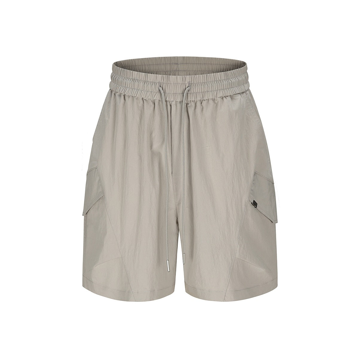Khaki cargo shorts with elastic drawstring waist and side flap pockets, flat front view on white background