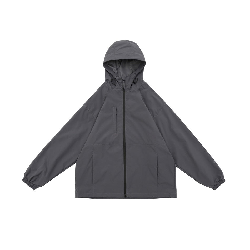 Dark gray hooded zip-up jacket laid flat, front view with black zipper, chest zip pocket and elastic cuffs