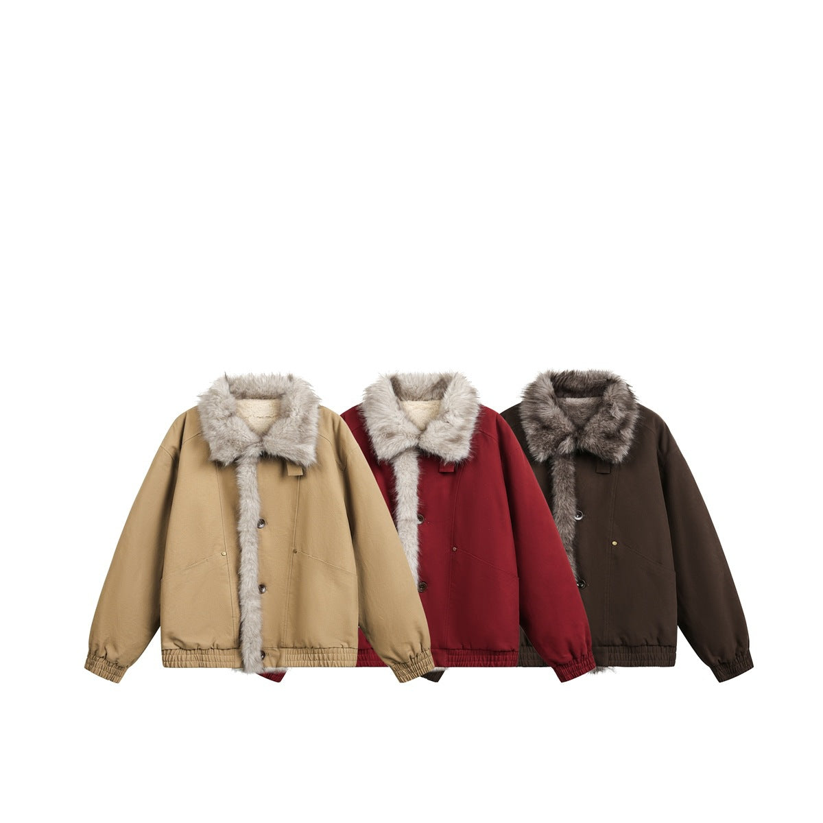 Three jackets shown together in tan, red, and dark brown, each with a contrasting faux-fur collar and front trim.