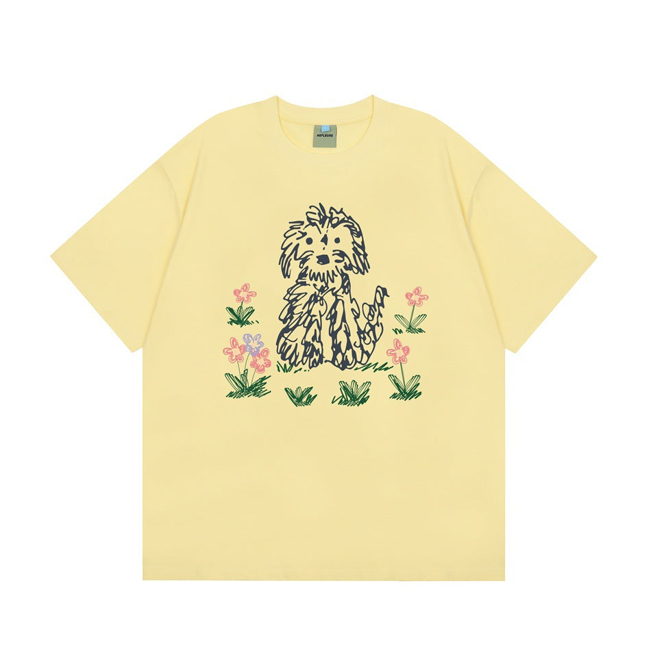 Pale yellow short-sleeve crew-neck T-shirt with a scribble-style dog and pink flower graphic on the front