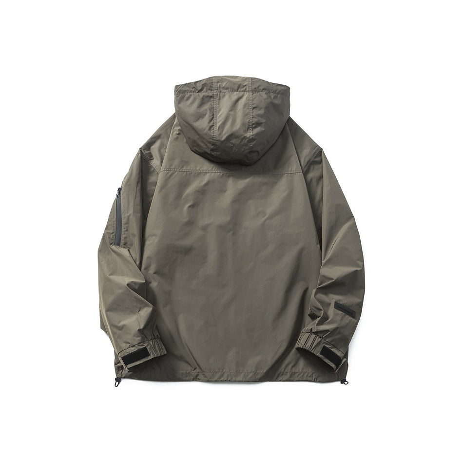 Back view of an olive-gray hooded jacket with adjustable cuffs and a sleeve zipper.