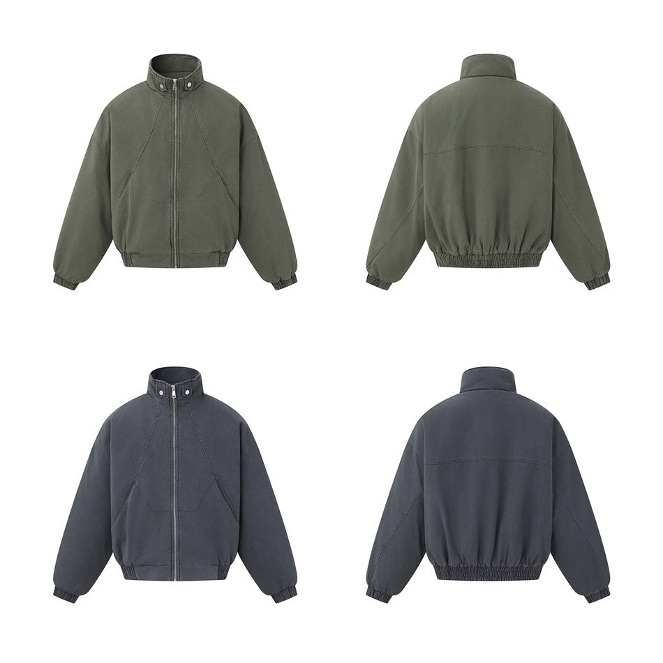 Army green and dark gray zip jackets shown in front and back flat views