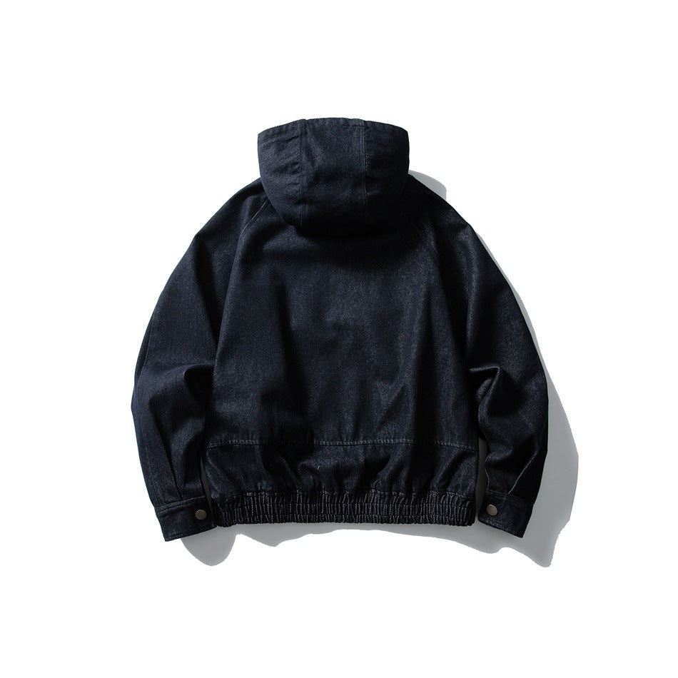 Back view of dark blue hooded denim-look jacket with elastic hem and snap-button cuffs