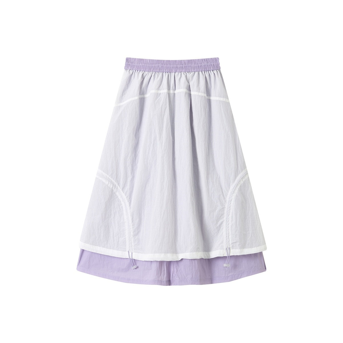 Back view of a pale grid-patterned overlay skirt with lavender waistband and matching lavender underlayer.
