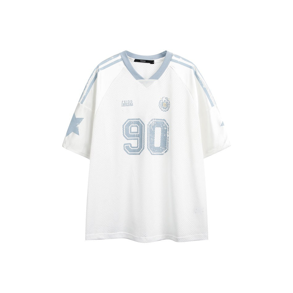 White mesh V-neck jersey tee with light blue collar, shoulder stripes, star sleeve print and '90' chest number, flat front