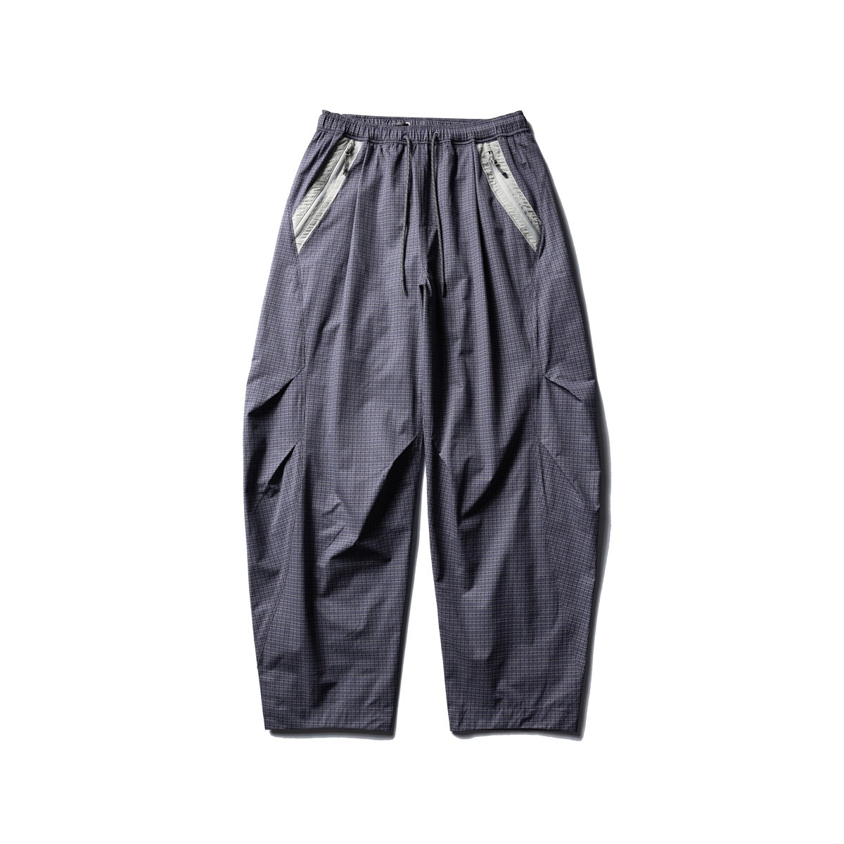 Lavender-gray check wide-leg pants with light gray diagonal zip pocket trim, flat front view