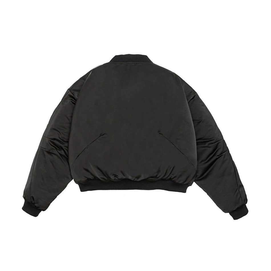 Back view of a black padded bomber jacket with ribbed collar, cuffs, and hem.