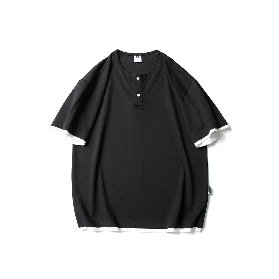 Black short-sleeve Henley T-shirt with two buttons and white trim at the sleeves and hem, flat front view