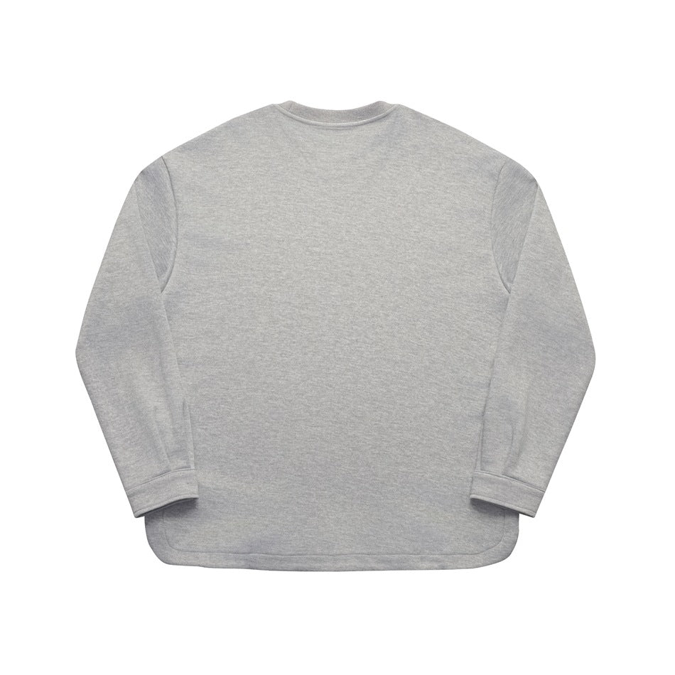 Back view of a heather gray long-sleeve crewneck top laid flat, with a plain back and curved hem.