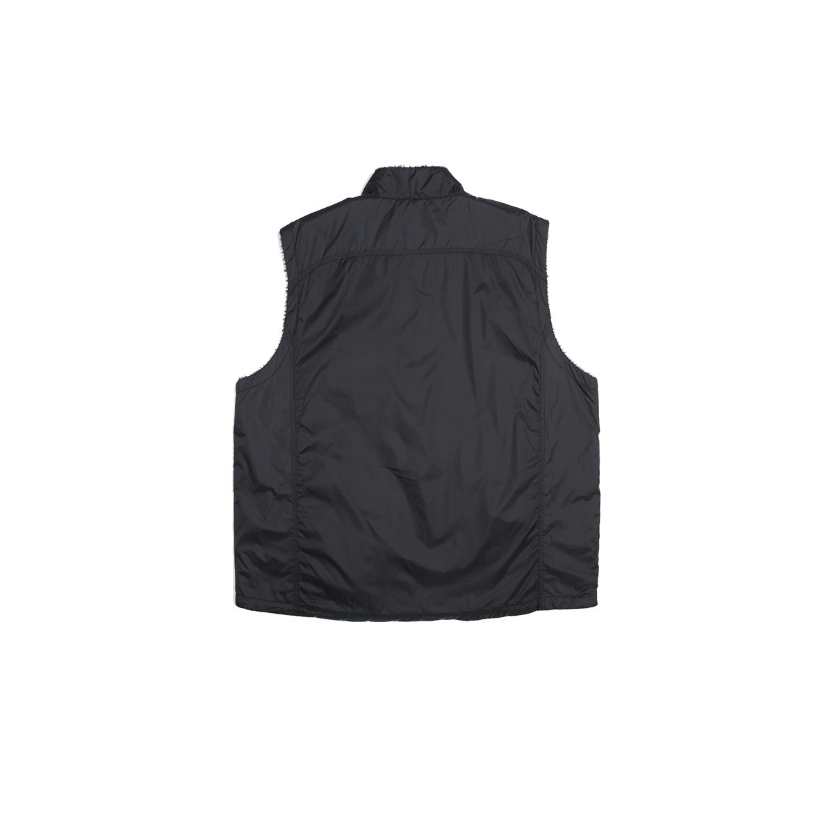 Back view of a black sleeveless vest with a stand collar and curved yoke seam.